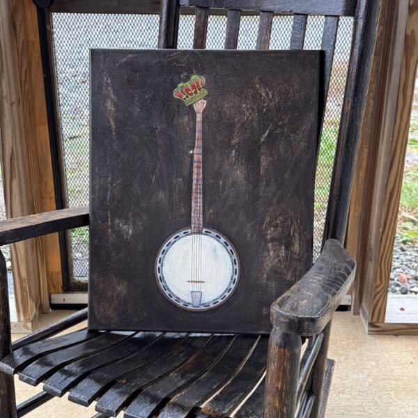 A photo of Stephanie Belinda Quinn's painting, King of Bluegrass, on a rocking chair on a screen porch.