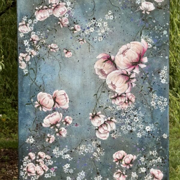 IMG_4768 A photo of Stephanie Belinda Quinn's painting, The Dance of the Peony, on an easel outdoors.